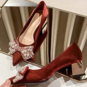 Bridal shoes bow two wear not tired pointe toe wedding shoes